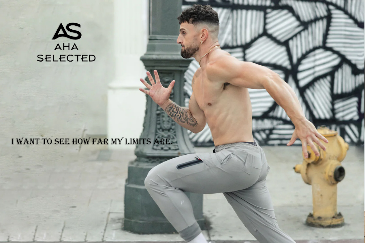 AHA Selected activewear banner featuring men wearing muscle-fit tees and joggers, highlighting a 10% off discount with code AHA10OFF.