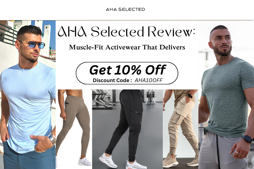 AHA Selected activewear banner featuring men wearing muscle-fit tees and joggers, highlighting a 10% off discount with code AHA10OFF.